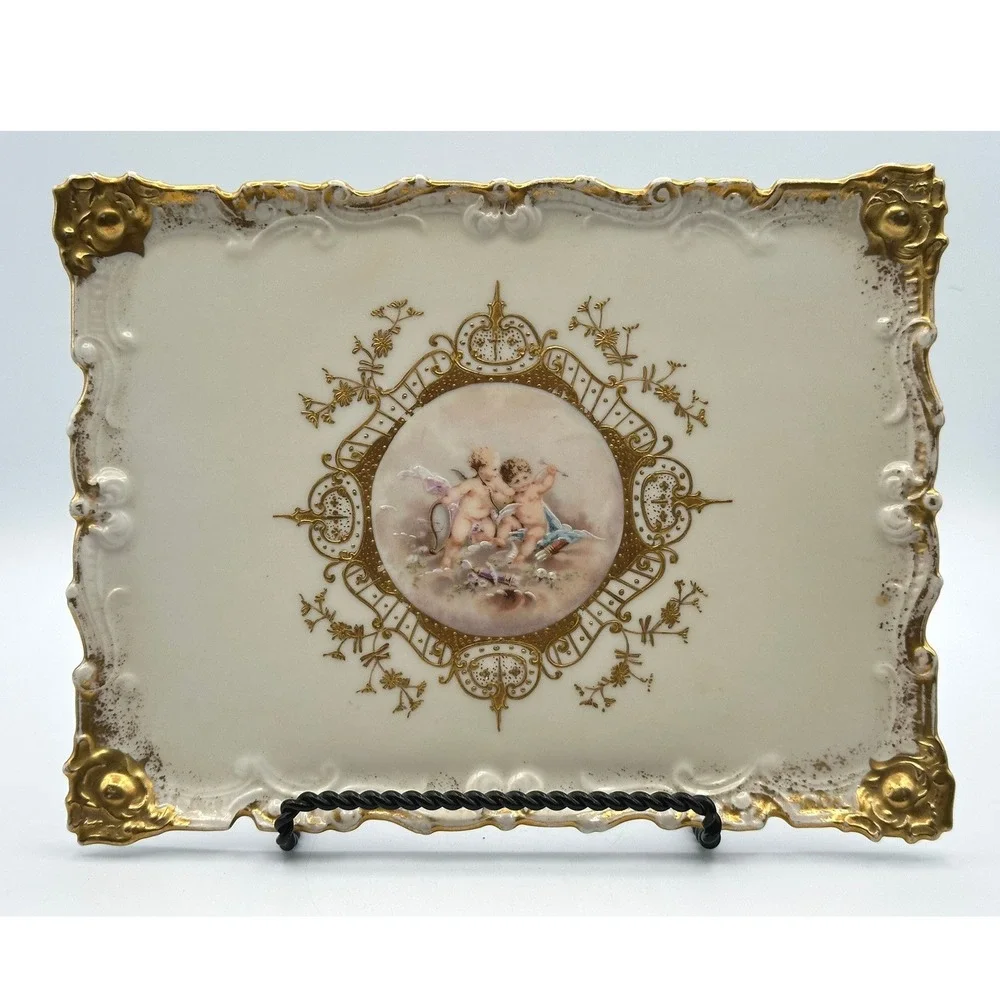 Vintage AKCD Limoges France Porcelain Tray Cherub Gold Gilt Scalloped 11x8
